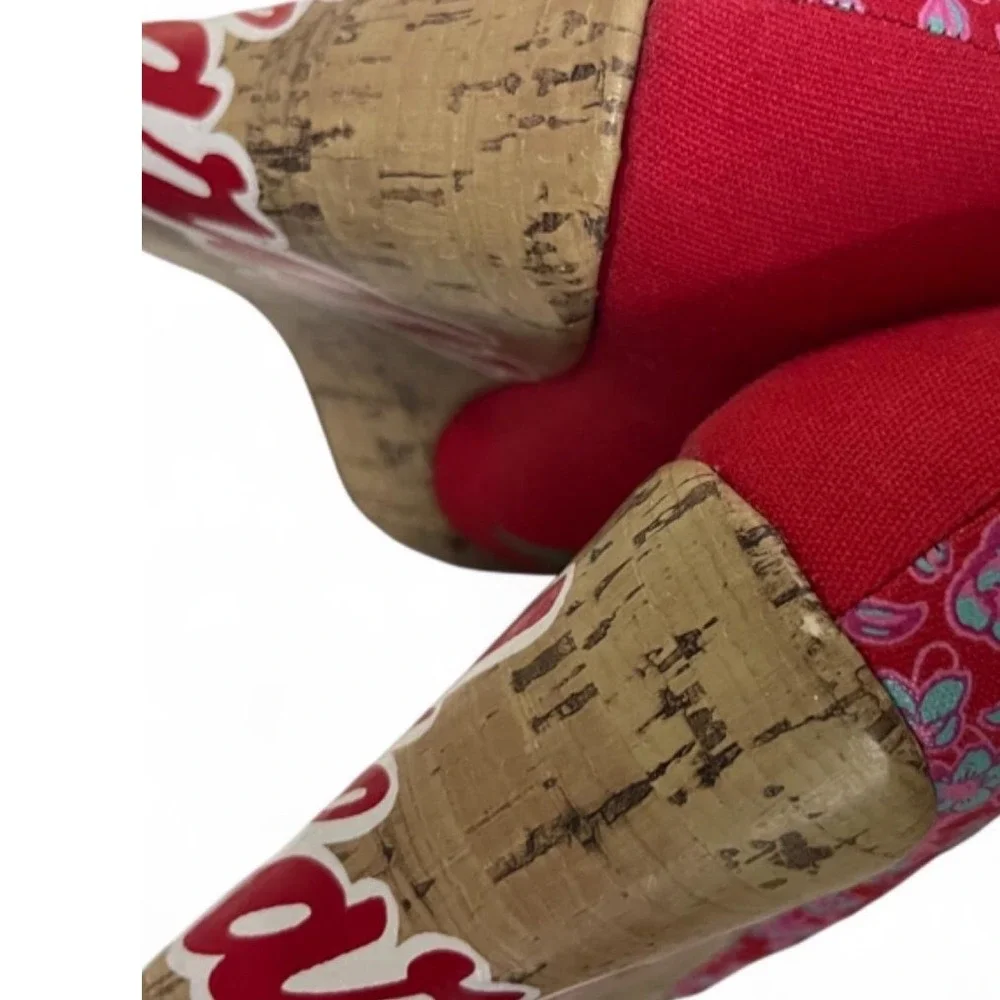 Ed Hardy Womens Red Tattoo Print Cork Wedge Peep Toe Pumps Y2K Size 5
